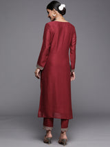 Women's Red Silk Blend Zari Dori Embroidered Straight Kurta