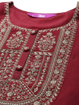 Women's Red Silk Blend Zari Dori Embroidered Straight Kurta