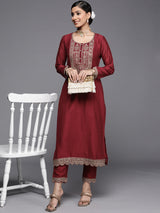 Women's Red Silk Blend Zari Dori Embroidered Straight Kurta