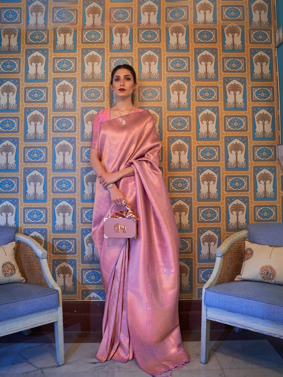 Women's Silk Blend Pink Woven Design Handloom Saree with Blouse Piece
