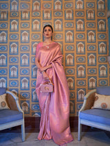 Women's Silk Blend Pink Woven Design Handloom Saree with Blouse Piece