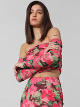 Women's Pink Knitted Casual Printed Cropped Full Sleeves Top