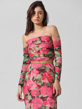 Women's Pink Knitted Casual Printed Cropped Full Sleeves Top