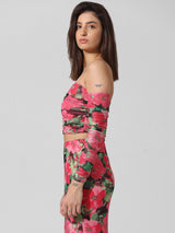 Women's Pink Knitted Casual Printed Cropped Full Sleeves Top