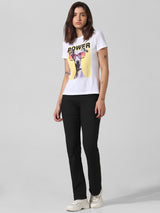Women's White Knitted Casual Printed Regular Fit Half Sleeves Tshirt