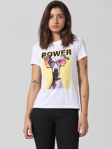 Women's White Knitted Casual Printed Regular Fit Half Sleeves Tshirt