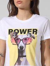 Women's White Knitted Casual Printed Regular Fit Half Sleeves Tshirt