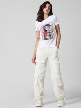 Women's White Knitted Casual Printed Regular Fit Half Sleeves Tshirt