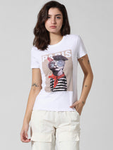 Women's White Knitted Casual Printed Regular Fit Half Sleeves Tshirt