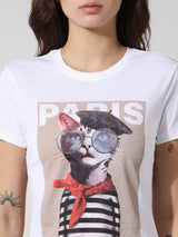 Women's White Knitted Casual Printed Regular Fit Half Sleeves Tshirt