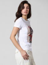 Women's White Knitted Casual Printed Regular Fit Half Sleeves Tshirt