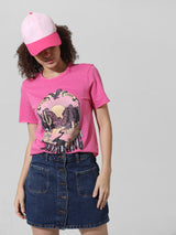 Women's Pink Knitted Casual Printed Regular Fit Half Sleeves Tshirt