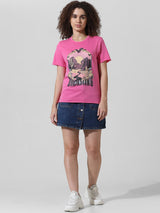 Women's Pink Knitted Casual Printed Regular Fit Half Sleeves Tshirt