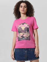 Women's Pink Knitted Casual Printed Regular Fit Half Sleeves Tshirt