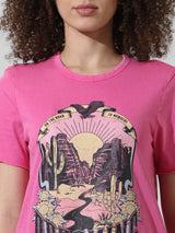 Women's Pink Knitted Casual Printed Regular Fit Half Sleeves Tshirt