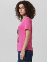 Women's Pink Knitted Casual Printed Regular Fit Half Sleeves Tshirt