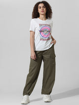 Women's White Knitted Casual Printed Regular Fit Half Sleeves Tshirt