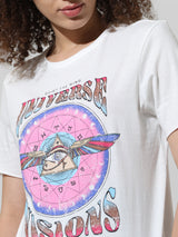 Women's White Knitted Casual Printed Regular Fit Half Sleeves Tshirt