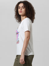 Women's White Knitted Casual Printed Regular Fit Half Sleeves Tshirt