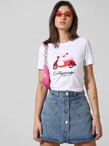 Women's White Knitted Casual Printed Regular Fit Half Sleeves Tshirt