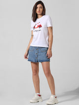 Women's White Knitted Casual Printed Regular Fit Half Sleeves Tshirt