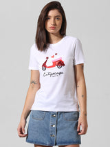 Women's White Knitted Casual Printed Regular Fit Half Sleeves Tshirt
