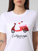 Women's White Knitted Casual Printed Regular Fit Half Sleeves Tshirt