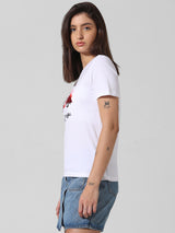 Women's White Knitted Casual Printed Regular Fit Half Sleeves Tshirt