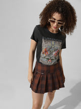 Women's Black Knitted Casual Printed Regular Fit Half Sleeves Tshirt