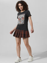 Women's Black Knitted Casual Printed Regular Fit Half Sleeves Tshirt