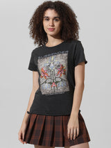 Women's Black Knitted Casual Printed Regular Fit Half Sleeves Tshirt