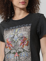 Women's Black Knitted Casual Printed Regular Fit Half Sleeves Tshirt