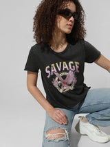 Women's Black Knitted Casual Printed Regular Fit Half Sleeves Tshirt
