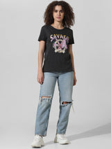 Women's Black Knitted Casual Printed Regular Fit Half Sleeves Tshirt