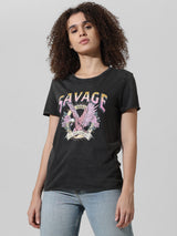Women's Black Knitted Casual Printed Regular Fit Half Sleeves Tshirt