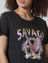 Women's Black Knitted Casual Printed Regular Fit Half Sleeves Tshirt