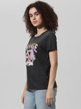 Women's Black Knitted Casual Printed Regular Fit Half Sleeves Tshirt