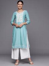Women's Blue Cotton Embroidered Yoke Straight Kurta