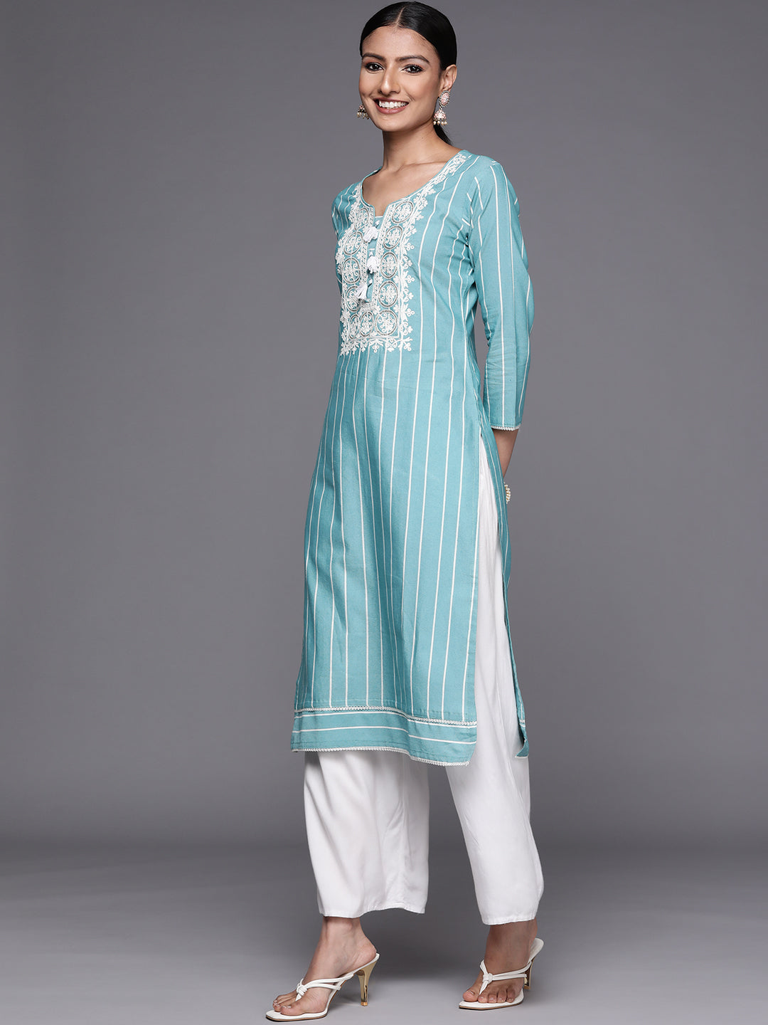 Women's Blue Cotton Embroidered Yoke Straight Kurta