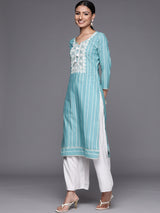 Women's Blue Cotton Embroidered Yoke Straight Kurta