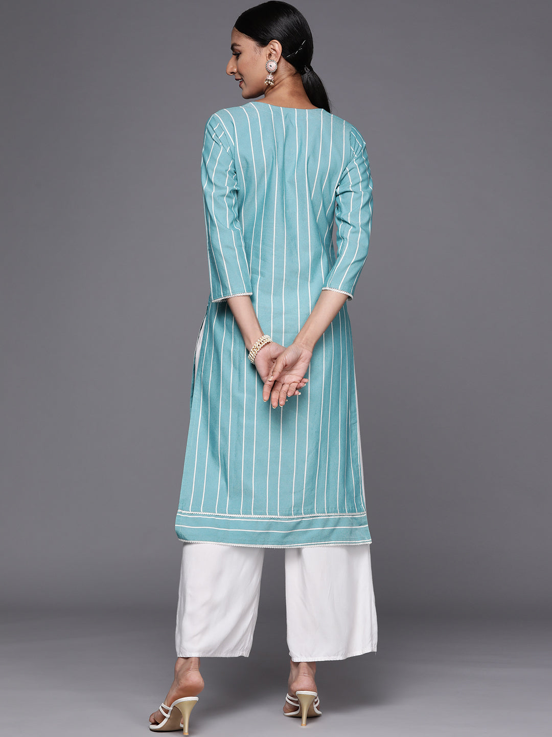 Women's Blue Cotton Embroidered Yoke Straight Kurta
