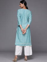 Women's Blue Cotton Embroidered Yoke Straight Kurta