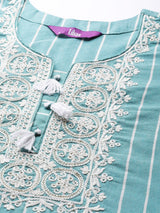 Women's Blue Cotton Embroidered Yoke Straight Kurta