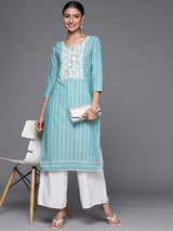 Women's Blue Cotton Embroidered Yoke Straight Kurta