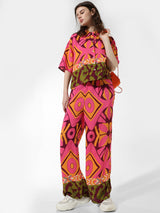 Women's Pink Woven Casual Printed Regular Fit Pant