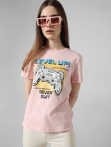 Women's Pink Knitted Casual Printed Regular Fit Half Sleeves Tshirt