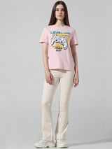 Women's Pink Knitted Casual Printed Regular Fit Half Sleeves Tshirt