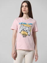 Women's Pink Knitted Casual Printed Regular Fit Half Sleeves Tshirt