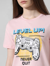 Women's Pink Knitted Casual Printed Regular Fit Half Sleeves Tshirt