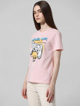 Women's Pink Knitted Casual Printed Regular Fit Half Sleeves Tshirt